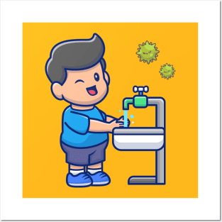 Cute boy washing hand cartoon Posters and Art